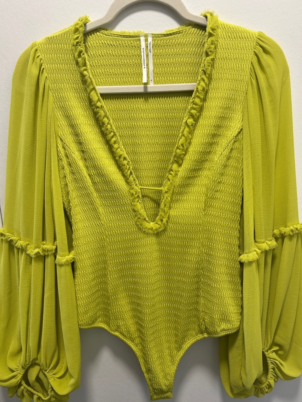 Anthropologie Neon Lime Textured V-Neck Bodysuit with Billowy Sleeves